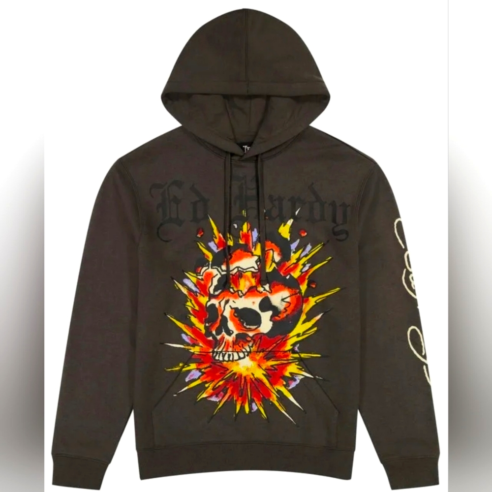 Ed Hardy Hoodie Exploding Skull Charcoal Pullover - Men's Size M - NWT  $ 98.00